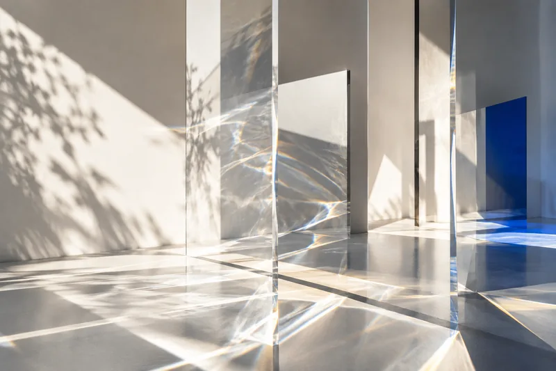 Luz atravesando paneles de cristal sobre un muro blanco
